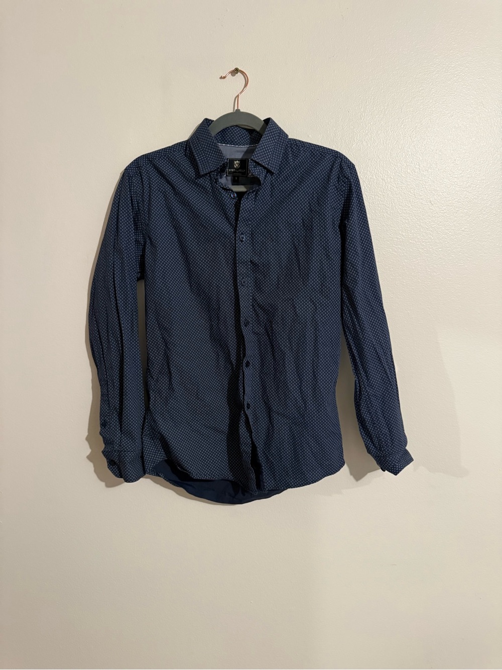 Steel & Jelly Navy blue Mens S long sleeve button up shirt w geometric pattern